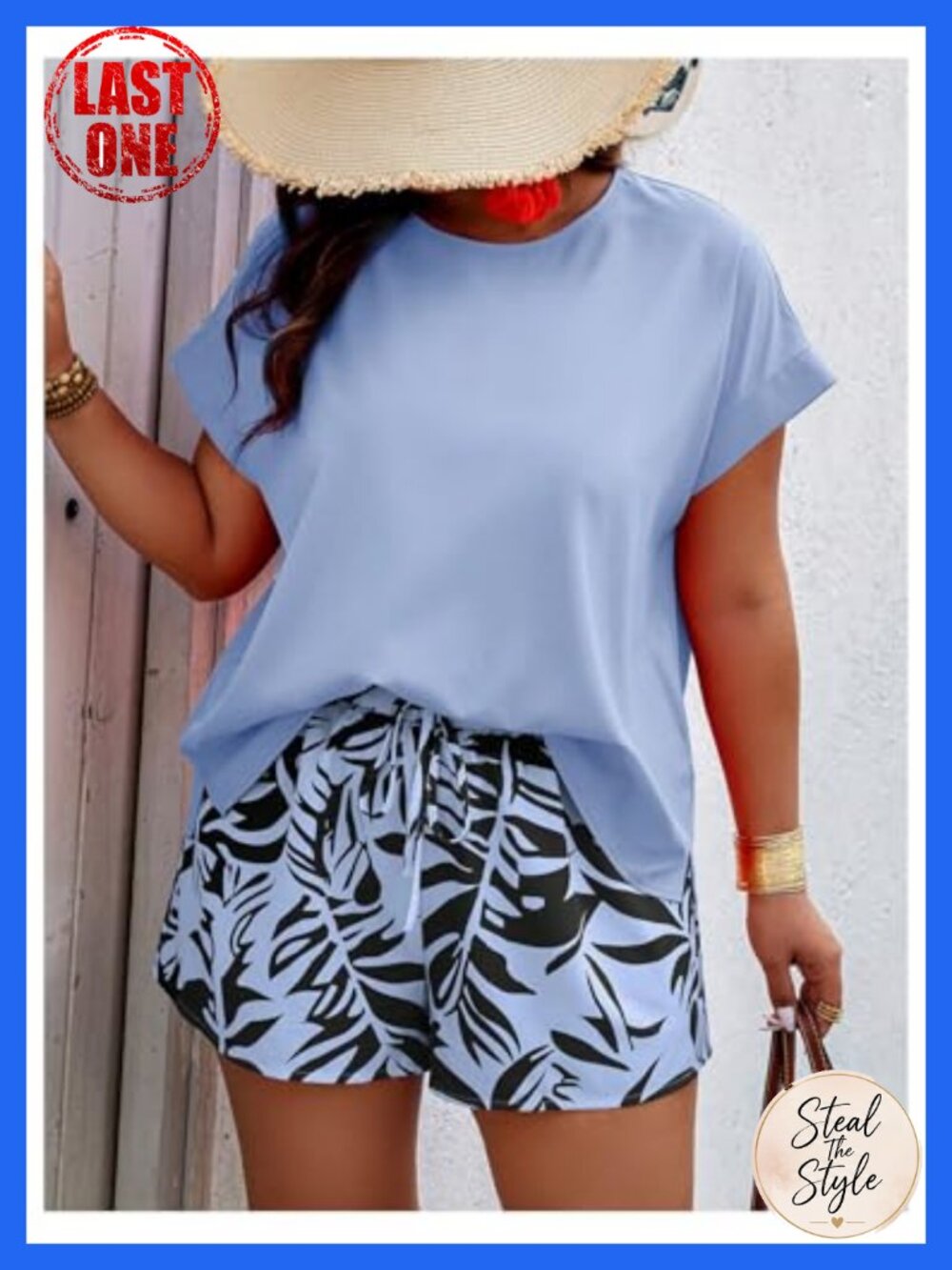 Plus Size 2 Piece Short Sleeve Blouse and Knot Front Shorts Set - Picture 2 of 4
